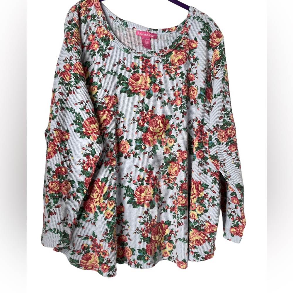 Women Within Waffle Thermal Knit Top Green, Blue, Red, Yellow Flowers Sz 1X
